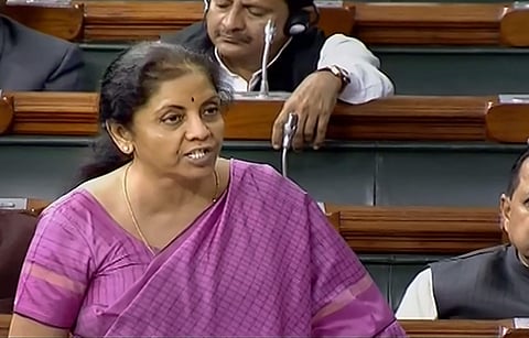 Finance Minister Nirmala Sitharaman speaks in the Lok Sabha during the Winter Session of Parliament in New Delhi Monday. (Photo | PTI)