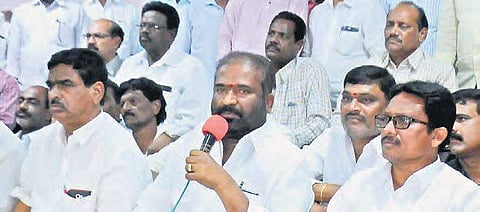 TSRTC leader Ashwadhama Reddy speaking to media in Hyderabad on Monday. (Photo | EPS)