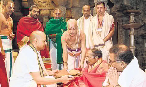 ISRO chairman K Sivan offering prayers at Tirumala temple on Tuesday. (Photo | EPS)