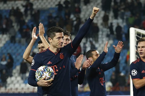 Robert Lewandowski salutes fans after the Champions League group B soccer match between Red Star and FC Bayern Munich. (Photo | AP)