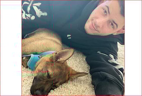 Nick Jonas with his new German shepherd puppy. (Photo | Priyanka Chopra Instagram)