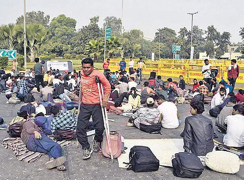 People with disability protest against the invalidation of railway exam results near Mandi House in New Delhi. (Photo | EPS, Parveen Negi)