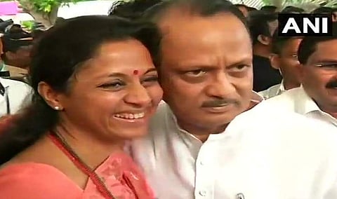 NCP leader Supriya Sule welcomed Ajit Pawar at Maharashtra assembly, earlier on Wednesday before the special session. (Photo | Twitter)