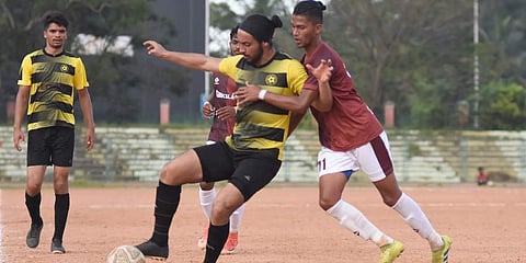 Western Railway and Gokulam FC players in action during the Mayor's Gold Cup All India Football tournament at University stadium in Thiruvananthapuram on Monday. (Photo | BP Deepu, EPS)