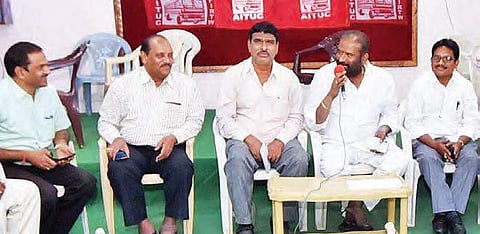 RTC JAC leaders meet trade union leaders at Employment Union Office in Hyderabad on Wednesday