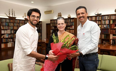 Shiv Sena leader Aaditya Thackeray invites Congress President Sonia Gandhi to attend the oath ceremony of his father and party chief Uddhav Thackeray as Maharashtra Chief Minister in New Delhi Wednesday Nov. 27 2019. (Photo | PTI)
