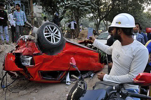 Photo of the car that plunged off Hyderabad’s Biodiversity flyover. (File Photo | S Senbagapandiyan, EPS)