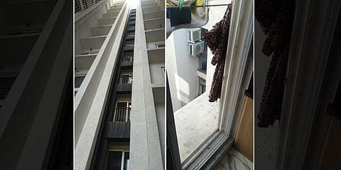 The flat (L) and apartment from where Alka slipped and fell down while trying to fetch her apron at Porur, Chennai. (Photo | EPS)