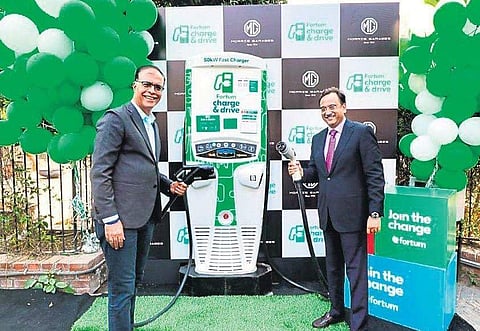 Rajeev Chaba, MD, MG Motor India and Sanjay Aggarwal, MD, Fortum India at the launch of first public fast-charging station at MG Flagship Showroom in Gurugram
