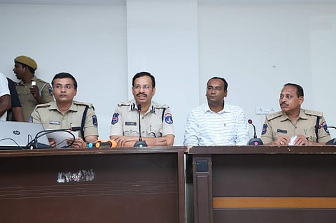 Cyberabad police commissioner VC Sajjanar addressing the press conference. (Photo | ENS)