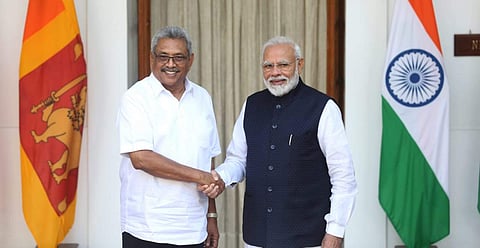 Prime minister Narendra Modi with Sri Lankan president Gotabaya Rajapaksa before their meeting at Hyderabad House in New Delhi on Friday.  (Photo | Shekhar Yadav, EPS)