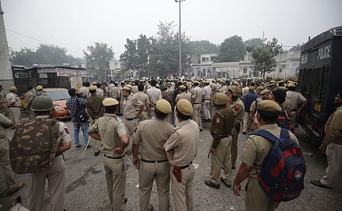 Police personnel at Tis Hazari Court complex after clashes between lawyers and police personnel in New Delhi. (Photo | Arun kumar, EPS)