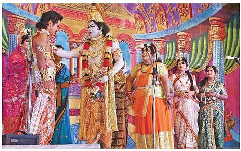 Surabhi artistes depicting a scene from the Mahabharata at IGMC Stadium in Vijayawada. (Photo | EPS)