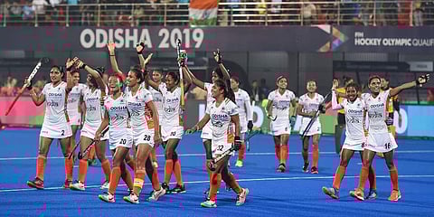 Indian women's hockey team celebrate after qualifying for Tokyo Olympic at the end of FIH Hockey Olympic Qualifiers 2019 Women against USA at Kalinga Stadium in Bhubaneswar. (Photo | PTI)