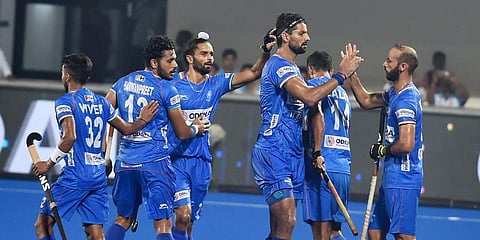 Rupinder Singh of India jubilate with teammates after scoring goal against Russia during FIH Hockey Olympic Qualifiers 2019 Men at Kalinga Stadium in Bhubaneswar. (Photo | PTI)