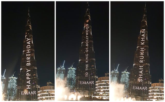 Dubai's iconic skyscraper Burj Khalifa even lit up with Shah Rukh Khan's name to mark his 54th birthday on Saturday.  (Photos | Twitter)