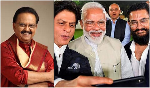 L-R: Veteran singer SP Balasubrahmanyam; Prime Minister Modi with Bollywood actors Shah Rukh Khan and Aamir Khan. (Photos | File)
