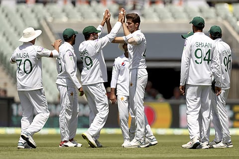 Pakistani players celebrate a wicket against Australia. (Photo | AP)
