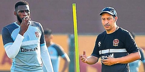Gokulam manager Fernando Santiago oversees a practice session on Friday.
