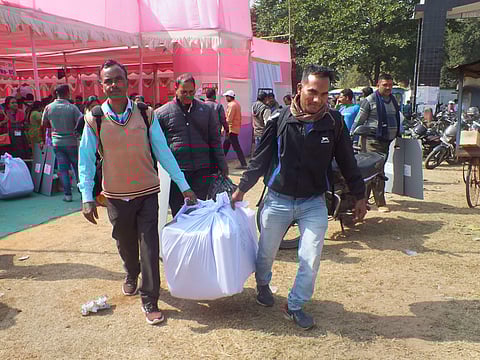 Officials carry election material as they leave for their polling stations ahead of the Jharkhand Assembly elections in Latehar district Friday Nov. 29 2019. (Photo | PTI)