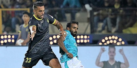 Robin Singh tapped the ball in the added time to record a memorable finish for the ISL debutants on their home ground, GMC Balayogi Stadium. (Photo | ISL)