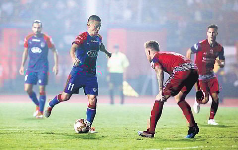 Action from the Bengaluru FC-Jamshedpur FC clash, in Jamshedpur on Sunday