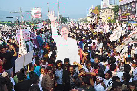ana Sena president Pawan Kalyan fans gear up for the long march which was held from Maddilapalem to Old Jail road in Visakhapatnam on Sunday evening. (Photo | EPS)