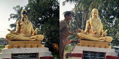The Thiruvalluvar statue was desecrated by miscreants at Pillayarpatti near Thanjavur (L) and later the statue was cleaned and garlanded. (Photo | EPS)