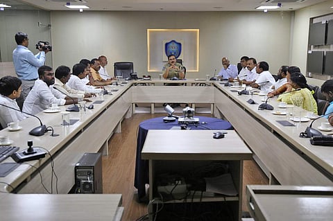 Police Commissioner Anjani Kumar holding a meeting in Hyderabad on Sunday over safety measures in light of Ayodhya verdict. (Photo | Express)
