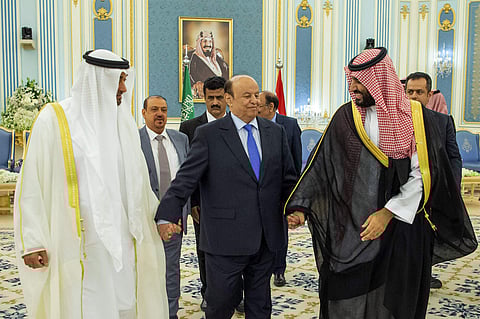 Yemen's president, Abed Rabbo Mansour Hadi, center, is accompanied by Saudi Arabia's Crown Prince Mohammed bin Salman, right, and Abu Dhabi's crown prince, Mohammed bin Zayed Al Nahyan before signing a power-sharing deal in Riyadh, Saudi Arabia. (Photo | 