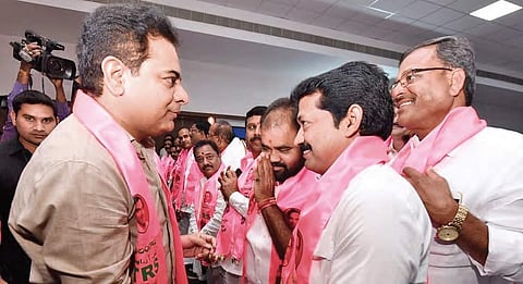 KT Rama Rao congratulates party leaders for Huzurnagar bypoll win, during a meeting at Pragathi Bhavan in Hyderabad on Monday.