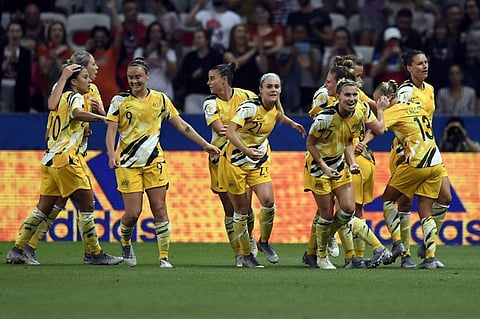 Australia's players celebrate their team's first goal during the France 2019 Women's World Cup. (Photo| AFP)