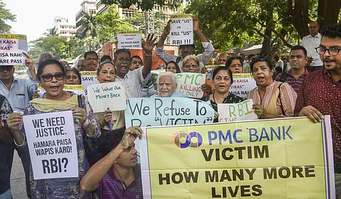 PMC Bank depositors protesting outside RBI. (Photo | PTI)