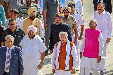 Vice President M Venkaiah Naidu with former PM Manmohan Singh Punjab Governor VP Bhadnore Haryana Governor Satyadev Narayan Arya Punjab CM Capt Amrinder Singh and Haryana CM Manohar Lal Khattar during the special session of Punjab Assembly convened to com