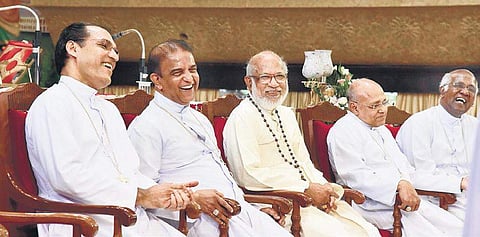 Cardinal Mar George Alenchery shares a light moment with bishops at the sendoff ceremony at St Mary’s Cathedral Basilica |  Albin Mathew