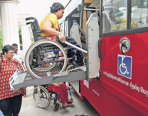 PwDs inspecting the ‘accessible’ bus in Chennai on Thursday | R Satish Babu