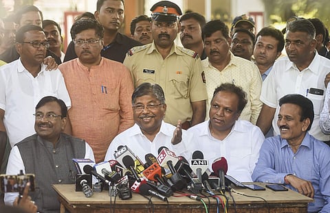 Maharashtra BJP President Chandrakant Patil with party leaders Sudhir Mungantiwar, Ashish Shelar and Girish Mahajan interact with media after meeting Maharashtra Governor Bhagat Singh Koshyari in Mumbai Thursday Nov. 7 2019. | (Photo | PTI)