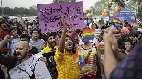 Member of India’s LGBT (Lesbians Gays Bisexuals Transgenders) community shout slogans during a parade in Gurgaon on the outskirts of New Delhi. (File | AP)