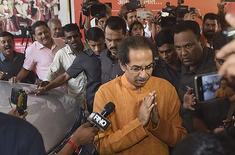 Shiv Sena President Uddhav Thackeray arrives at Sena Bhavan for a meeting in Mumbai. (Photo | PTI)