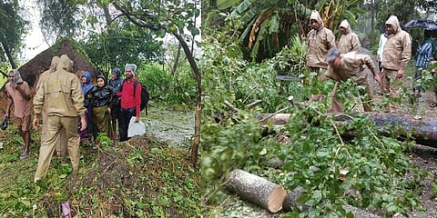 A pregnant woman being shifted to Rajkanika CHC (left), ODRAF personnel clearing roads at Paradip. (Photos | Express)