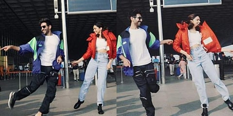 Kartik Aryan and Deepika Padukone shaking a leg to 'Dheeme Dheeme' at Mumbai Airport. (Photo | Instagram)