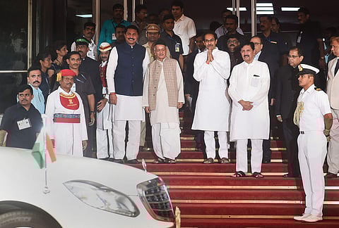 Maharashtra Chief Minister Uddhav Thackeray and State Assembly Speaker Nana Patole with Maharashtra Governor Bhagat Singh Koshyari at Vidhan Bhavan for State Assembly session in Mumbai Sunday Dec. 1 2019. (Photo | PTI)