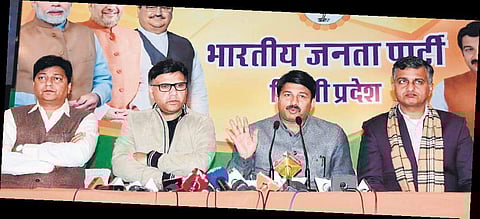 Delhi BJP president Manoj Tiwari addresses a press conference on Monday (Photo | EPS)