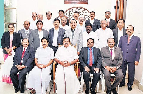 Edappadi K Palaniswami with the newly elected Bar Council members of Tamil nadu and Puducherry at the Secretariat on Monday | Express