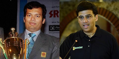 Indian Grandmasters Surya Shekhar Ganguly (L) and  Viswanathan Anand (Photo | PTI and EPS)