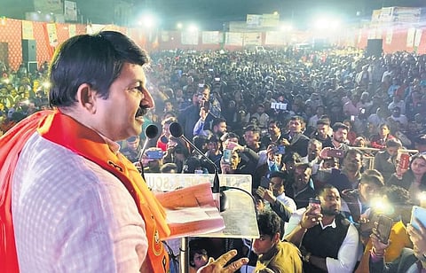 Delhi BJP chief Manoj Tiwari addressing a public meeting in Vikas Nagar, near Uttam Nagar in west Delhi, on Tuesday