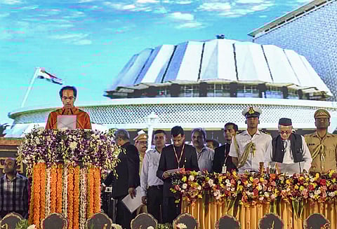 Shiv Sena President Uddhav Thackeray takes oath as the 18th Chief Minister of Maharashtra. (Photo | PTI)