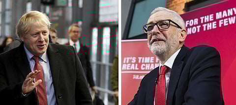 Britain's Prime Minister Boris Johnson arrives to board a train in London, Friday Dec. 6, 2019, and at right, Britain's Labour Party leader Jeremy Corbyn speaks during a press conference in London. (Photo | AP)
