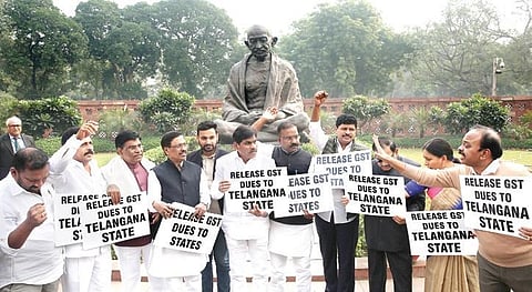 TRS MPs stage a protest at Parliament in New Delhi on Tuesday | Shekhar Yadav