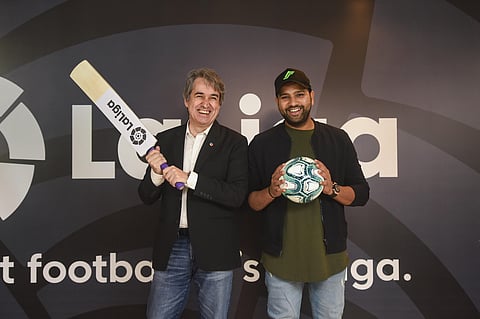 LaLiga India Managing Director Jose Antonio Cachaza and Indian cricketer Rohit Sharma during a press conference to announce the company's brand ambassador in India, in Mumbai (Photo| PTI)